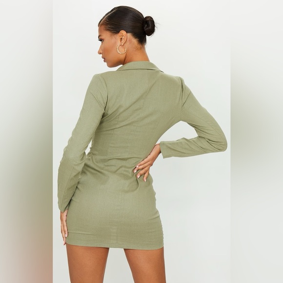 NWT PrettyLittleThing Khaki Plunge Ruched Front Blazer Dress - Picture 3 of 13